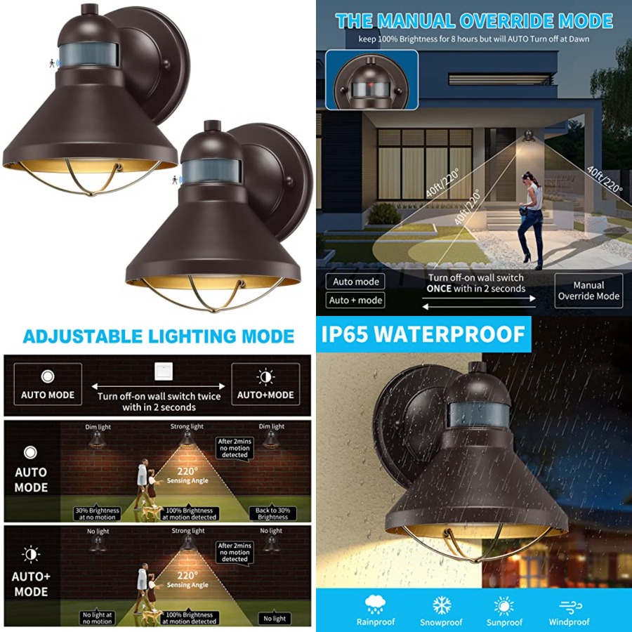 Outdoor Lighting Led - 2個パック モーションセンサー付き屋外LEDウォールスコンス 夕暮れから夜明けまで点灯する外装納屋用照明器具 ブラウン屋外ポーチランタン ファームハウスライト