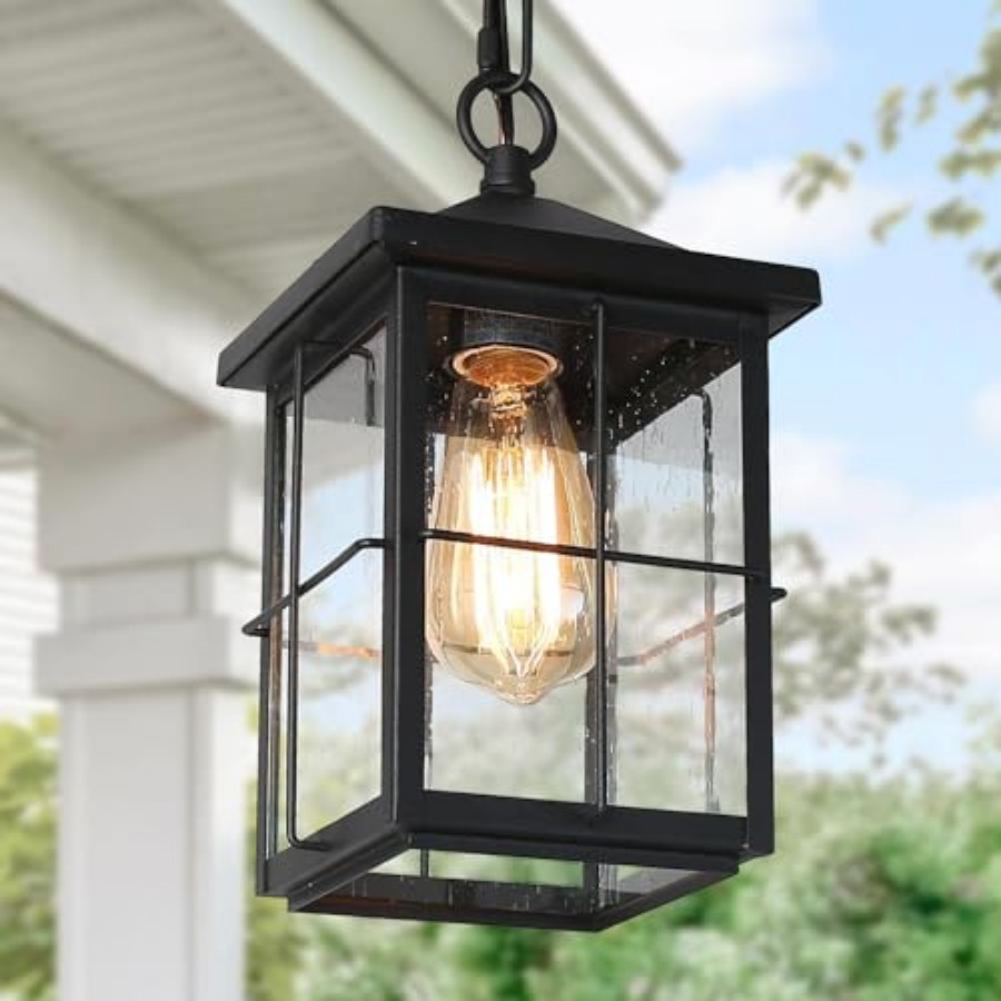 Lighting Fixture Outdoor - 屋外用ペンダントライト器具、ファームハウスブラック防錆天井屋外照明器具、シードガラス付き、外装スクエアハンギングランテ