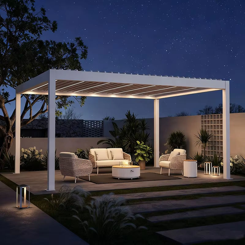 Outdoor Lighting Led - 屋外用防錆ヘビーデューティーパビリオン（LEDライトと調整可能なブラインド付き）雨よけパーゴラ長方形ガーデンガゼボ