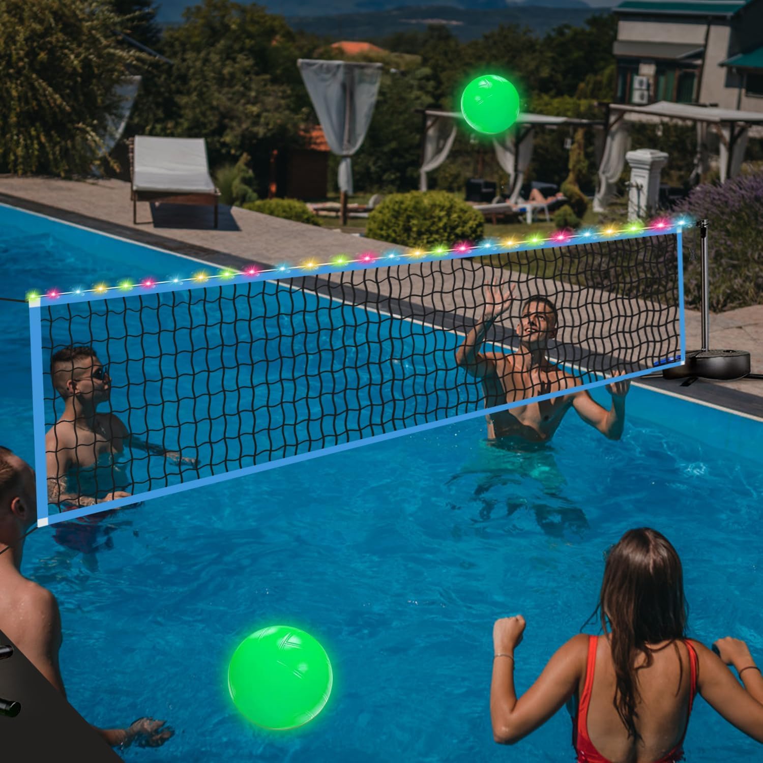 Outdoor Lighting Led - 持ち運び可能な屋外用LEDバレーボールネット、光るボール2個と加重ベース付き、15～30フィート調節可能、埋め込み式プール、水泳プールスポーツゲームセット（ライト付き）
