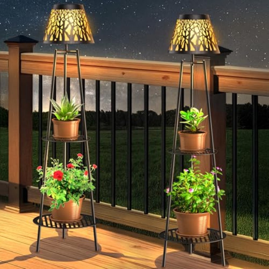 Outdoor Lighting Led - 2パック屋外ソーラーフロアランプ、植物スタンド付き、防水メタルガーデンライト、2段棚付き、装飾LEDコードレスパット