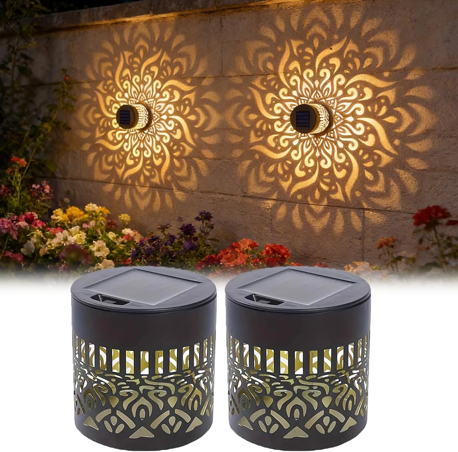 Outdoor Lighting Deck - 2個セット ソーラーガーデンライト IP65 耐久性のある金属製屋外LEDランタン マンダラ模様の透かし彫りデザイン 耐候性のある雰囲気のあるナイトライト