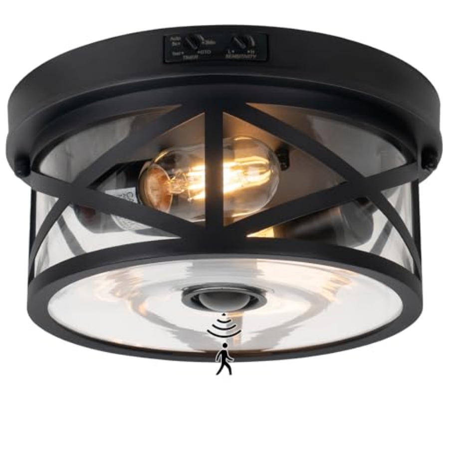 Lighting Fixture Outdoor - モーションセンサー屋外天井照明、調節可能な黒色フラッシュマウント照明器具、2灯式ポーチライト屋外用、透明ガラスインダクションライト