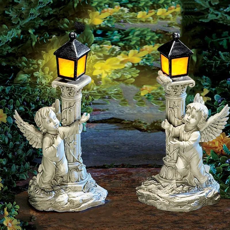 Outdoor Lighting Architectural - ソーラーライトヨーロッパローマ柱天使の彫刻屋外庭中庭家の装飾樹脂工芸家の装飾