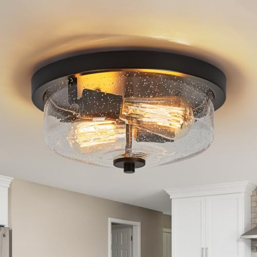 Lighting Fixture Outdoor - フラッシュマウント天井照明器具、ファームハウス風屋外ポーチ照明器具、シードガラスシェード付き、キッチン、廊下、玄関用