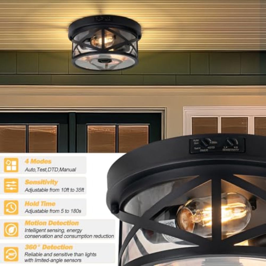 モーションセンサー屋外天井照明、調節可能な黒色フラッシュマウ - Lighting Fixture Outdoor のレビューと価格